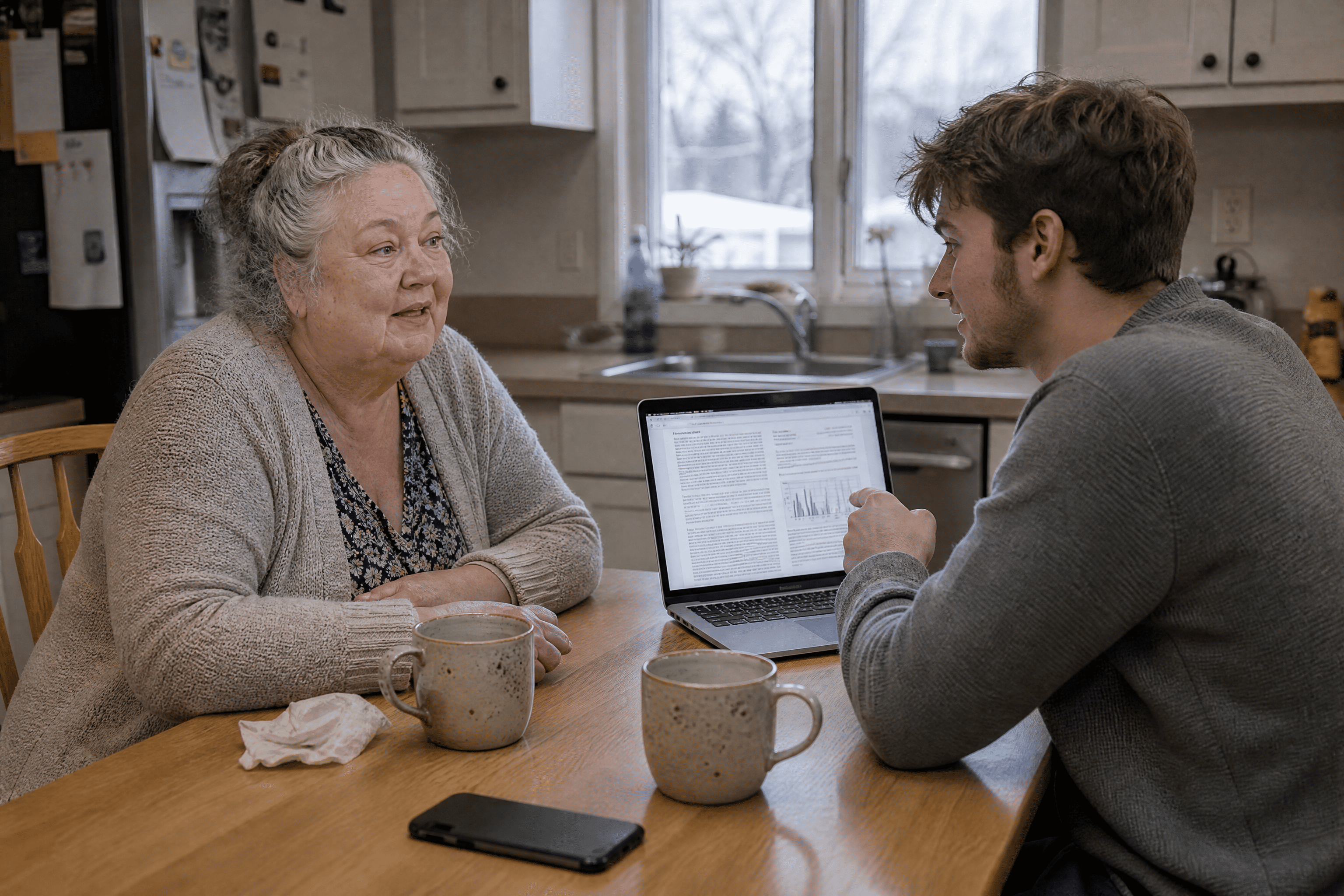 Deborah at her kitchen table with her nephew Marcus, a med student showing her a research paper on his laptop